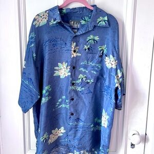 Silk Traders by Sunrise 100% Silk Blue Island Theme Aloha Shirt XL